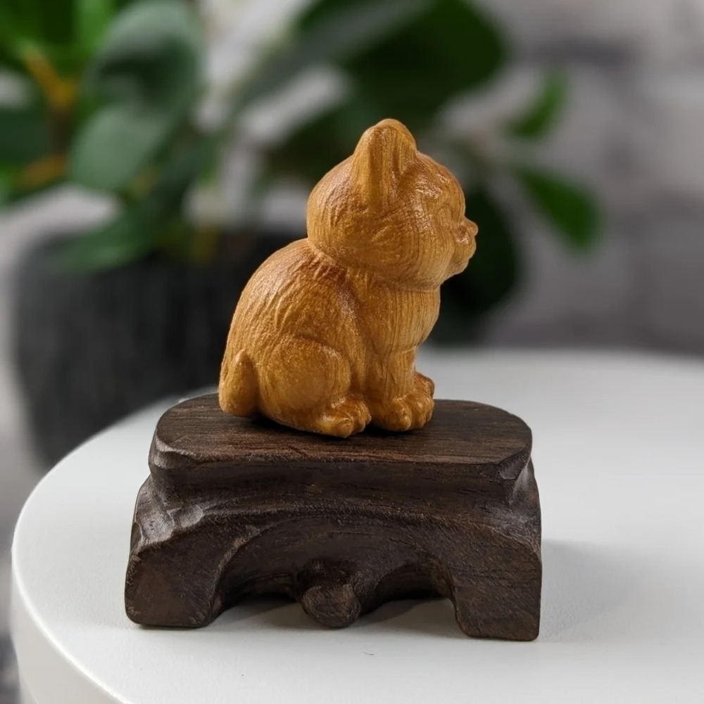 Wooden hand carved cat statue figurine sitting chonky fat ginger orange kitty - Picture 5 of 11